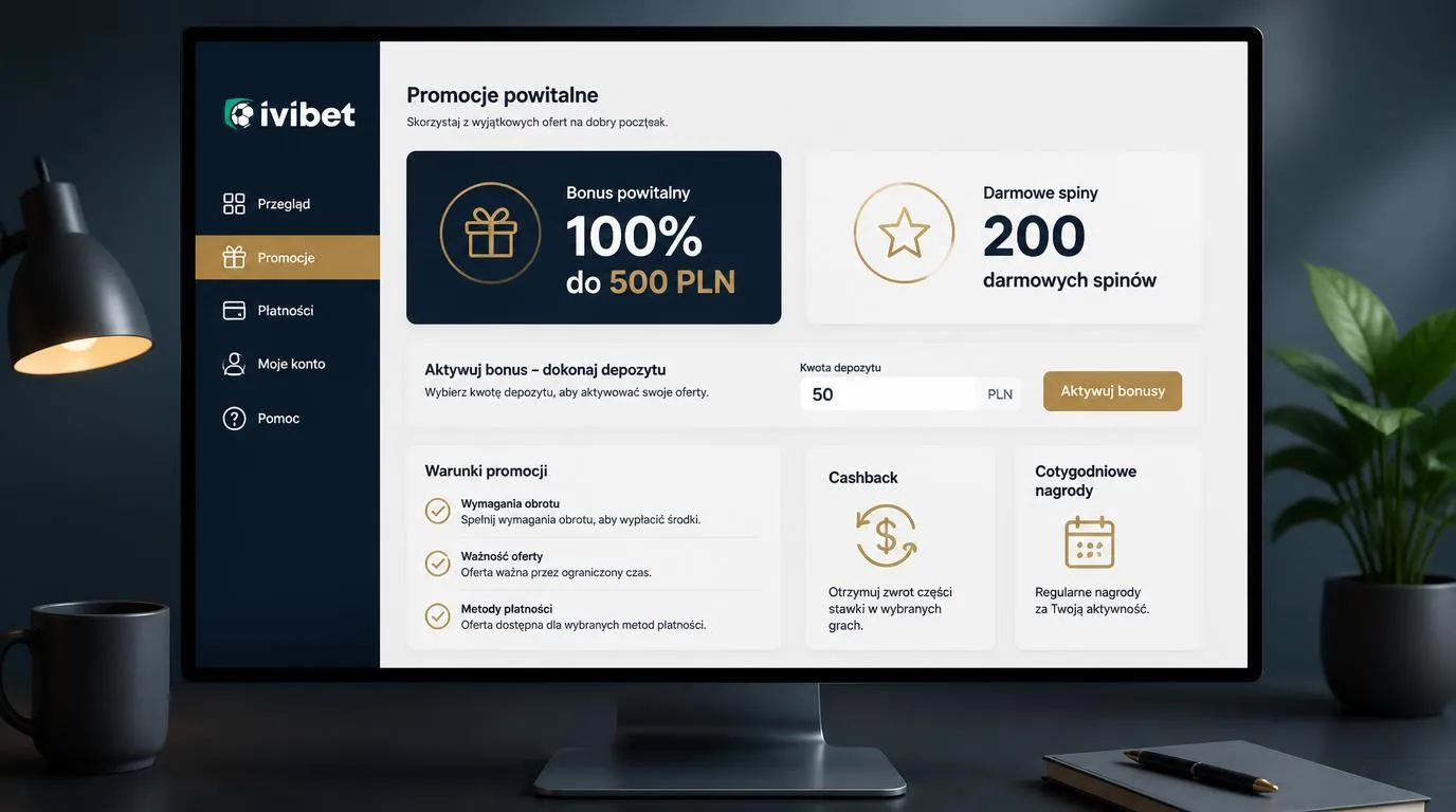 Panel oferty powitalnej z bonusem 100% do 500 PLN, 200 darmowymi spinami i minimalnym depozytem 50 PLN