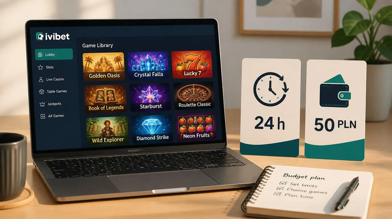 Laptop z katalogiem gier kasynowych oraz kartami informacyjnymi przedstawiającymi 24 godziny i depozyt 50 PLN