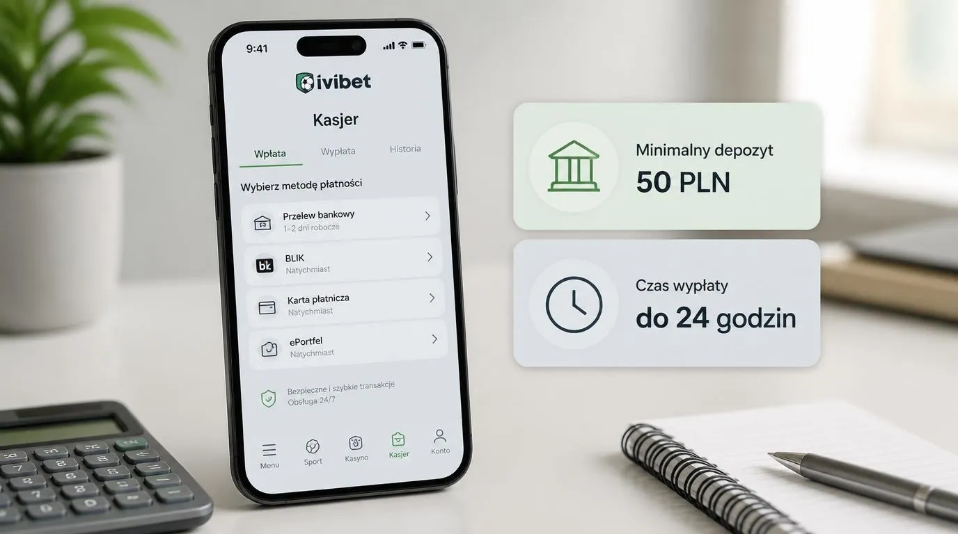 Smartfon z panelem kasyna pokazującym depozyt 50 PLN i deklarowany czas wypłaty do 24 godzin