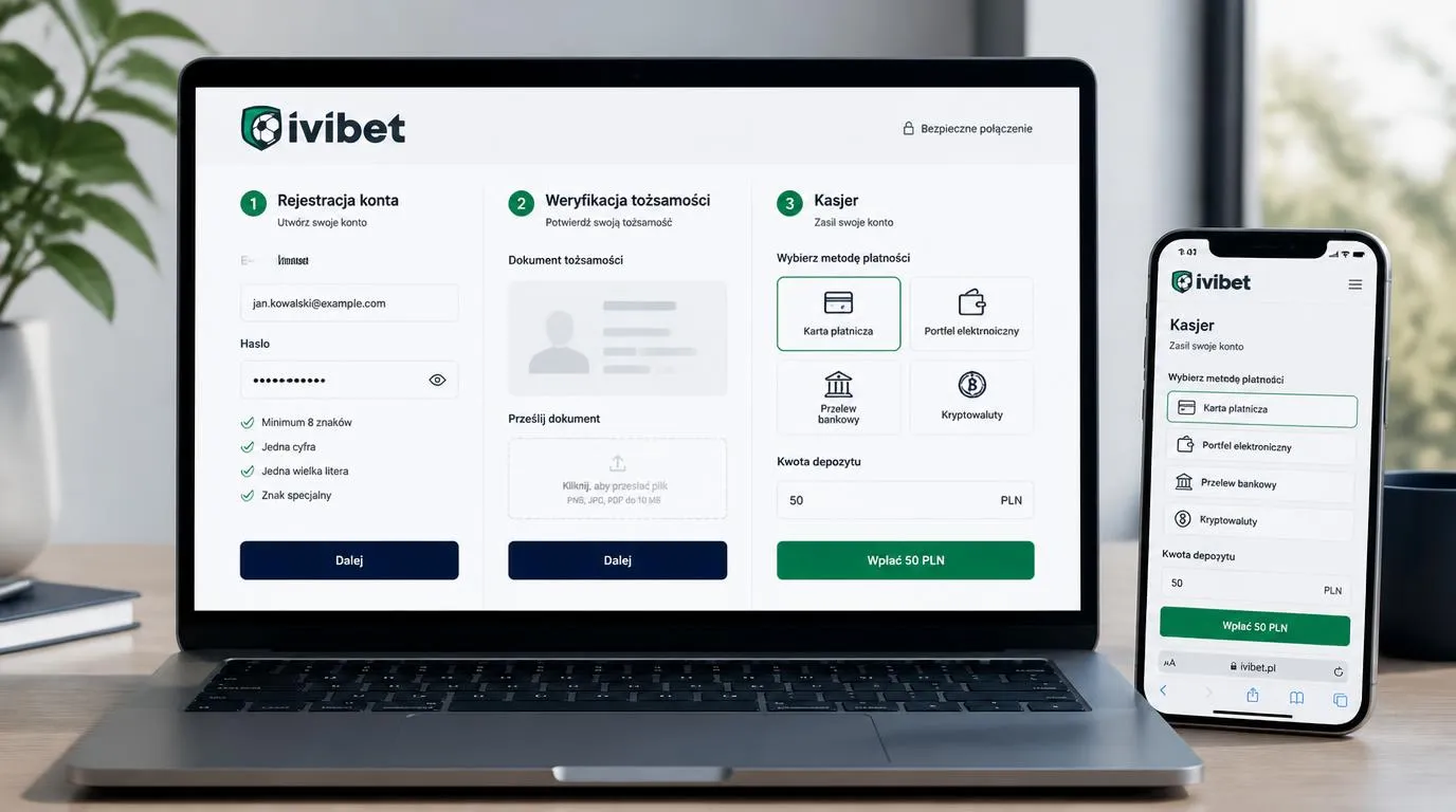 Ekran rejestracji, weryfikacji tożsamości i kasy z wyborem metody wpłaty w kasynie online